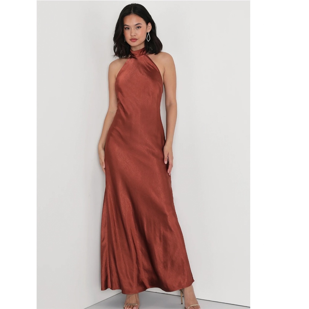 Rust Brown Satin Halter Maxi Dress